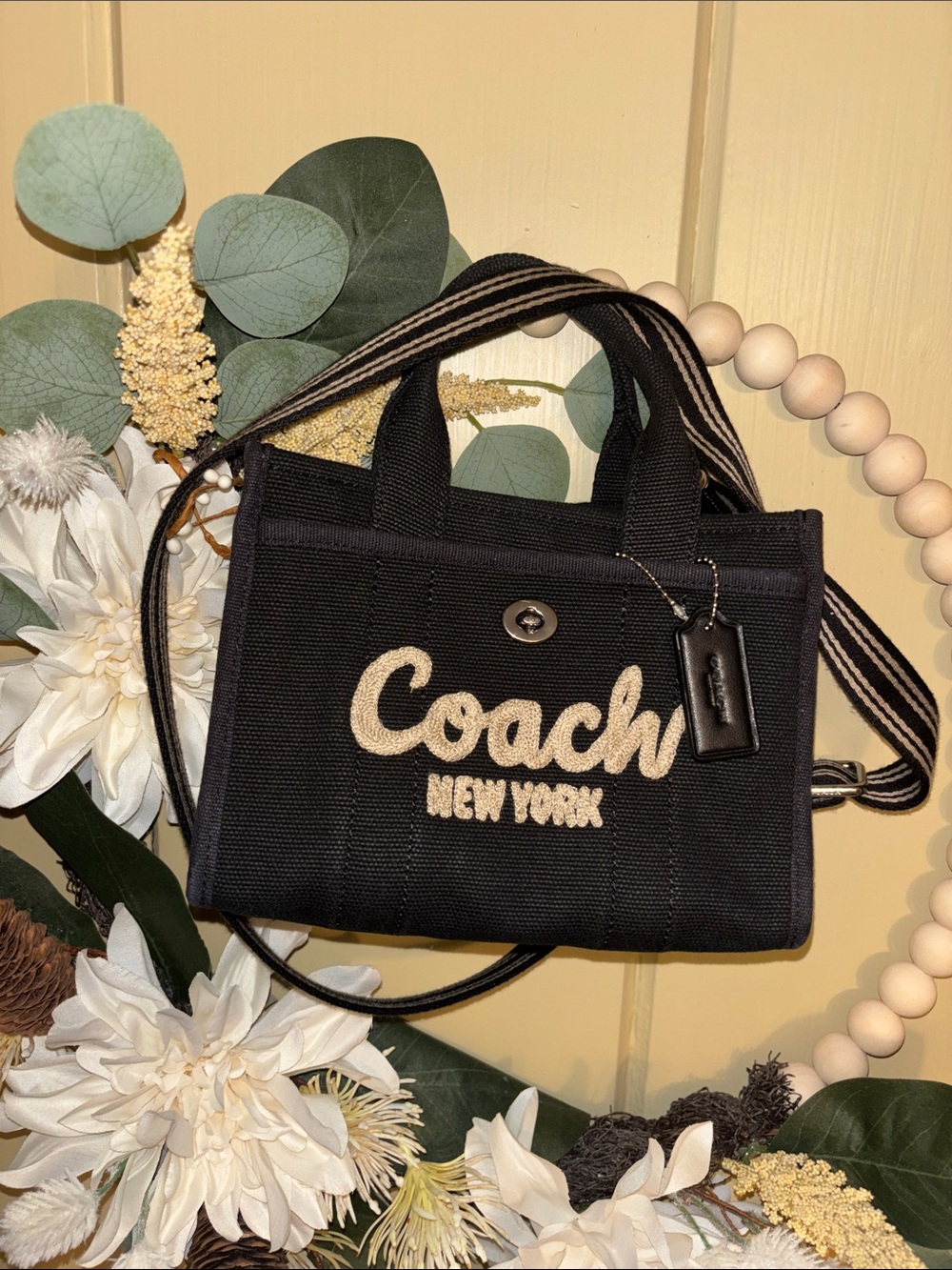 Coach Mini Cargo 20 Black Canvas Crossbody Tote with Cream Logo